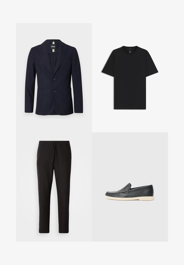Marineblauwe blazer van textuurstof met een notch lapel, twee opgestikte zakken en een twee-knops sluiting. BOSS-label aan de binnenkant.; Zwarte korte mouwen T-shirt van een gladde katoenmix, met een ronde halslijn en een minimalistisch ontwerp zonder patronen of accenten.; Zwarte joggingsbroek van gladde stof. Kenmerkt zich door een elastische tailleband met een trekkoord, taps toelopende benen en geen zichtbare zakken. Eenvoudig ontwerp.; Zwarte leren instappers met een gestructureerde afwerking en een contrasterende beige rubberen zool. Beschikt over een subtiele accent langs de voorkant.