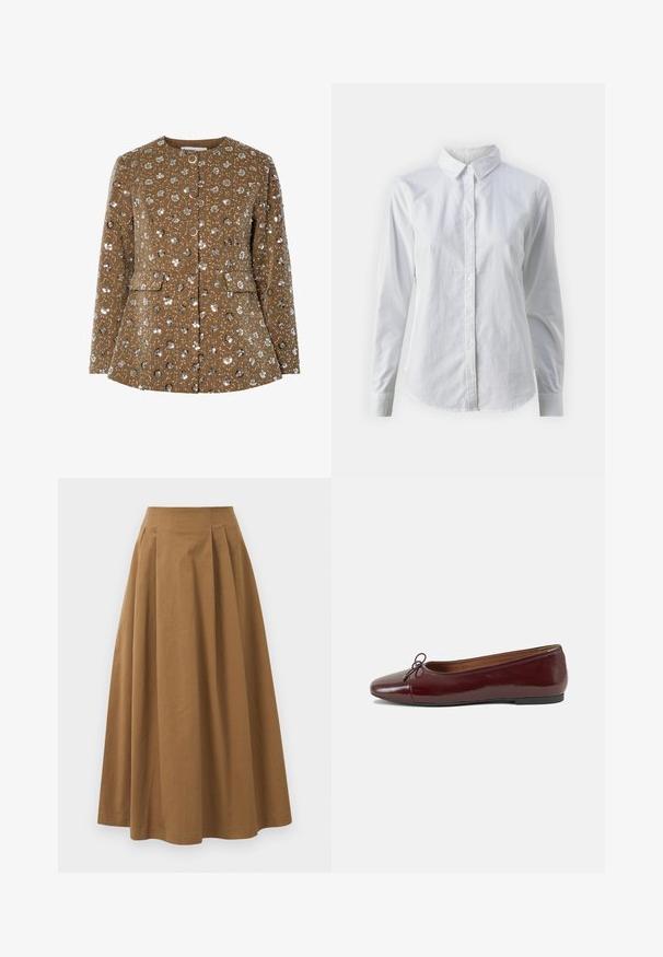 Hnedá sako so kvetinovým vzorom, zdobené flitrami, s okrúhlym výstrihom, prednými gombíkmi a bočnými vreckami. Textúrovaná tkanina s výrazným strihom.; Biela košeľa s gombíkmi vyrobená z hladkej bavlny, s klasickým golierom, dlhými rukávmi a zakriveným lemom. Gombíky sú malé a biele.; Hnedá bavlnená sukňa A-línie s vysokým pásom, so skladmi vpredu a hladkou textúrou. Hranice sú čisté a jednoduché.; Burgundské lakované balerínky s okrúhlou špičkou, malou mašľou na prednej strane a nízkou čiernou gumovou podrážkou. Hladký povrch.