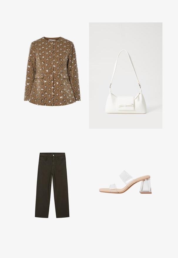 Brązowa kurtka w kwiatowy wzór z cekinami, okrągłym dekoltem, guzikami z przodu oraz bocznymi kieszeniami. Teksturowana tkanina o wyraźnym kształcie.; Czarnobrązowa, krótki rękaw, bawełniana koszulka. Posiada okrągły dekolt i luźny krój, bez widocznych wzorów lub akcentów.; Ciemnozielone spodnie dżinsowe typu wide-leg wykonane z mieszanki bawełny, z zamkiem na guzik z przodu, pięcioma kieszeniami i klasycznym przeszyciem dżinsowym.; Przezroczyste sandały na obcasie z dwiema przezroczystymi paskami, beżową podstawą i geometrycznym przezroczystym blokiem obcasa. Minimalistyczny design o gładkiej fakturze.; Biała syntetyczna torba o trójkątnym kształcie, płaskim przednim klapce i detalach w postaci kokardy, regulowanym pasku, gładkiej fakturze oraz minimalistycznym designie.