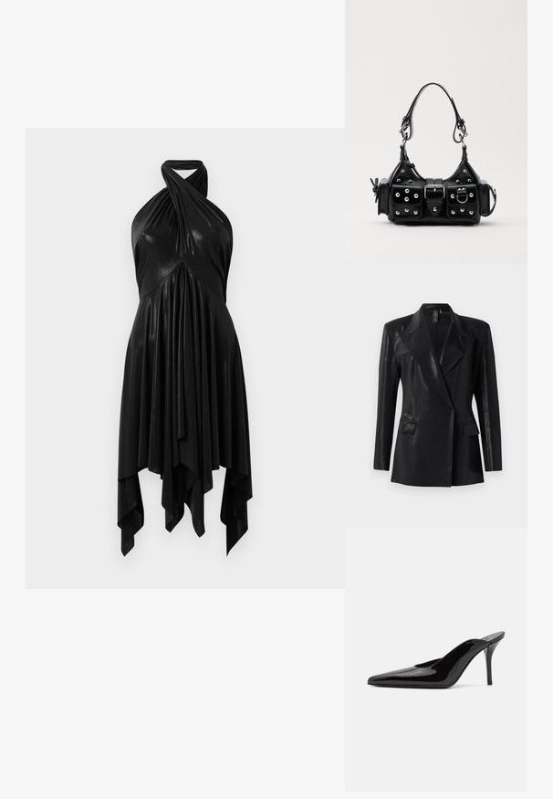 Musta bleiseri, jossa on kiiltävä viimeistely, varustettuna lovitetulla kauluksella, kahdella etutaskulla ja mukautetulla siluetilla. Pitkät hihat täydentävät muotoilua.; Musta halterneck-mekko, jossa on drapeerattu muotoilu. Valmistettu kiiltävästä materiaalista, jossa on kierretty kaula-aukko ja epäsymmetrinen helma. Sujuva tekstuuri.; Mustat patentoidut korkeakorkoiset mulesandaalit, joissa on terävä kärki ja sulavalinjainen siluetti. Kenkäparissa on avonainen takaosa ja hoikka stiletto-korko.; Musta nahkainen käsilaukku, jossa on kaareva muotoilu, hopeiset niitit, solki ja kaksi sivutaskua. Säädettävä olkahihna erilaisiin kantovaihtoehtoihin.