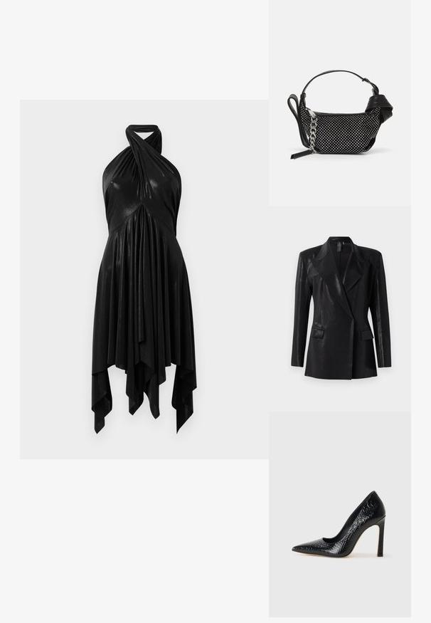 Blazer preto com acabamento brilhante, apresentando lapela saliente, dois bolsos frontais e uma silhueta ajustada. As mangas longas completam o design.; Vestido preto com decote halter e design drapeado. Feito de material brilhante, apresenta um decote torcido e barra assimétrica. Textura suave.; Sapato de salto alto de bico fino preto com textura de pele de crocodilo, apresentando um design elegante, salto agulha alto e interior preto suave.; Pasta preta com um design texturizado, adornada com tachas prateadas e uma alça em corrente prateada robusta. Apresenta uma forma minimalista e elegante.