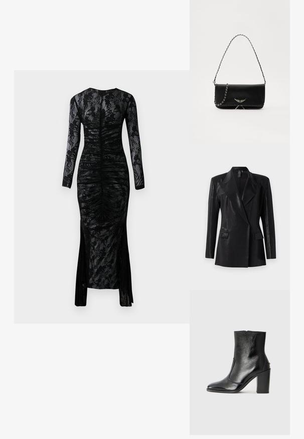 Musthääriline jope läikiva viimistlusega, millel on nurgeline krae, kaks esikot ja vormitud siluett. Pikkade varrukatega täiendab disaini.; Pikaed eeva must kleit, millel on vormitud siluett, kortsu tekstuur ja lilleline pitskatte. Algses osas on lisadetailina lõhik.; Must kõvale nahast pahklipsu saapad, millel on sile tekstuur, terav varvas ja paks kõrge kann. Omab külgavatust ja minimalistlikku disaini.; Mustvalge nahk käekott hõbedase ahelsanga ja dekoratiivsete tiivaaktsentidega, samuti valgete õmblustega alumises ühenduses.