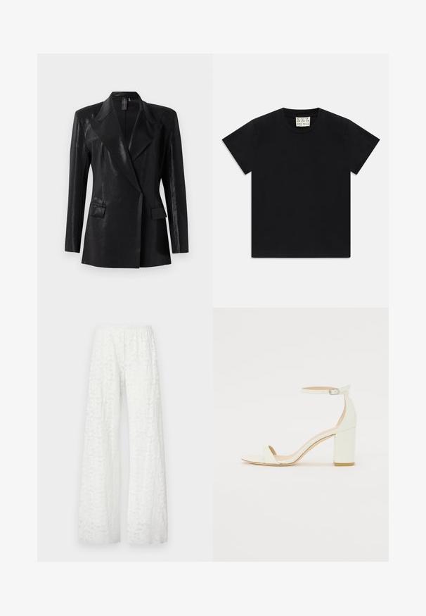 Juodas švarkas su blizgiu paviršiumi, turintis įpjautą apykaklę, dvi priekinės kišenes ir prigludusią siluetą. Ilgios rankovės užbaigia dizainą.; Juodas trumpomis rankovėmis marškinėliai su apvaliu kaklu, vidinėje apykaklės pusėje yra balta etiketė su užrašu "D.R.C. EST. 2002" ant balto fono.; Baltos plačios kelnės su elastinga juosmeniu, kurių audinyje visame paviršiuje yra tekstūruotas gėlėtas nėrinių raštas.; Baltos odos blokinio kulno sandalai, su kulkšnies dirželiu ir sagtimi, minimalistinio dizaino. Atvira pirštų dalis ir sklandžios tekstūros visoje.