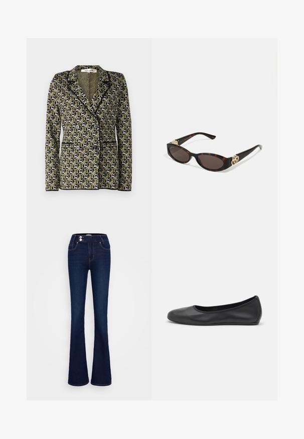 Diane von Furstenberg DION JACKET - Blejzer - green; Tmavomodrá bezrukávová blúzka vyrobená z hladkej, elastickej tkaniny. Má zberané bočné detaily a zaoblený lem pre priliehavý vzhľad.; Tmavomodré zvonové džínsy s vysokým pásom, dvoma prednými vreckami a dvoma gombíkovými zapínaniami. Vyrobené z denimu s hladkou textúrou.; Čierne kožené baleríny s okrúhlou špičkou, hladkým povrchom, minimálnym prešívaním a flexibilným dizajnom podrážky.; Slnkové okuliare v korytnačkovom dizajne s predĺženými oválnymi šošovkami, hnedým tónovaním, zlatými logovými akcentmi na spánkoch a elegantnými čiernymi ramenami.