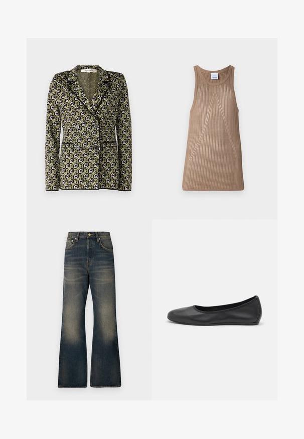 Diane von Furstenberg DION JACKET - Blejzr - green; Beige, bezrukávový pletený top s žebrovanou strukturou, s A-liniovým střihem a jemnými diagonálními švy.; Džínové zvonové kalhoty v tmavě modré barvě s vybledlým umytím, obsahující pět kapes, zapínání na knoflík a kontrastní švy.; Černé kožené baletní byty s kulatou špičkou, hladkou texturou, minimálními švy a flexibilním designem podrážky.
