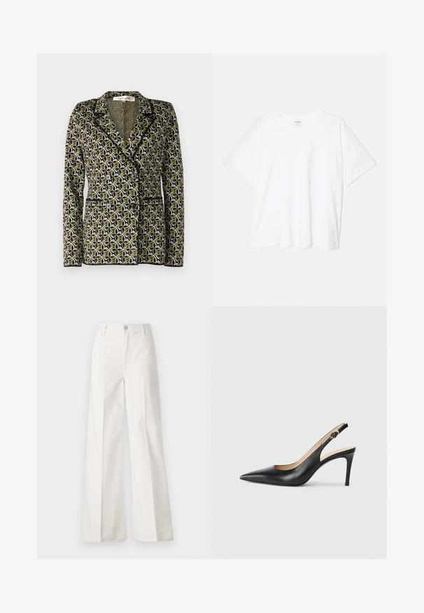 Diane von Furstenberg DION JACKET - Blejzer - green; Biely bavlnený tričko s krátkymi rukávmi, okrúhlym výstrihom, voľným strihom a prešitým lemom. Štítok viditeľný na vnútornom krku.; Biele široké nohavice vyrobené z bavlny s hladkou textúrou. Obsahujú predný gombík, zips a dizajn so štyrmi vreckami.; Čierne kožené lodičky na odkryté päte s špicatou špičkou, nastaviteľným pásikom a elegantným ihlovým podpätkom, s hladkým povrchom.