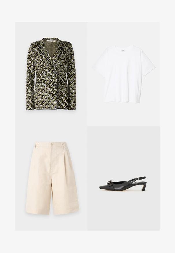 Diane von Furstenberg DION JACKET - Blazer - green; White cotton t-shirt with short sleeves, round neckline, relaxed fit, and stitched hem. Label visible on the inside neck.; Beige linen shorts with a relaxed fit, featuring a button closure, pleated design, and knee-length cut. Smooth texture and simple style.; Black leather slingback shoe with pointed toe, small heel, and decorative buckle detail on the upper. Smooth texture, minimalistic design.