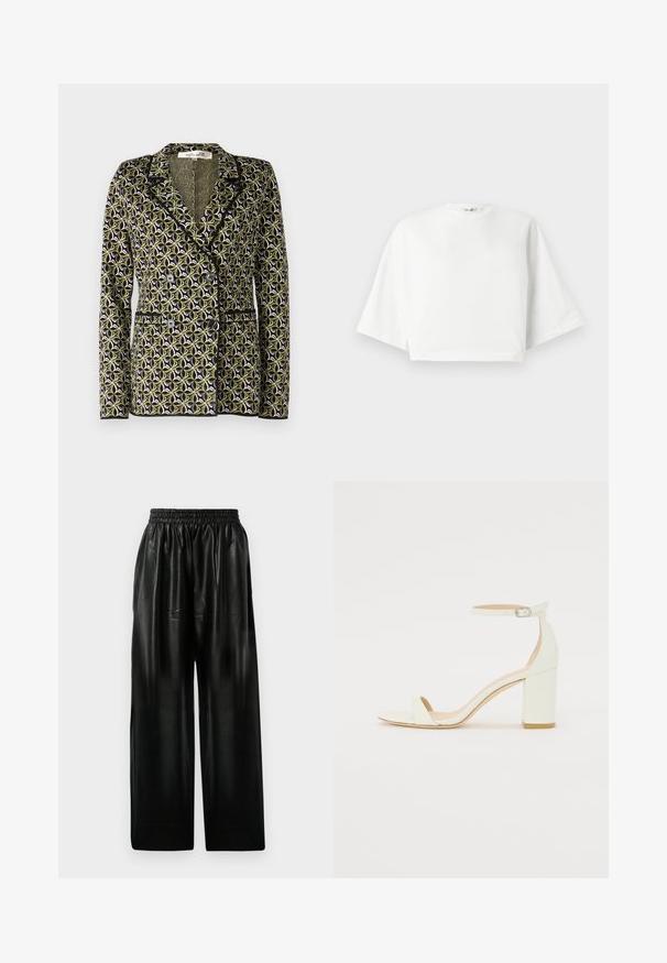 Diane von Furstenberg DION JACKET - Blazer - green; Witte, cropped t-shirt met een relaxte pasvorm, korte brede mouwen, ronde halslijn en zijsplitten, gemaakt van zacht katoen.; Zwarte leren wijde broek met een elastische tailleband, voorzien van twee zijzakken en een gladde, glanzende textuur.; Witte leren sandaal met blokhak, voorzien van een enkelsluitsel met een gesp en een minimalistisch design. Open teen en gladde texturen overal.