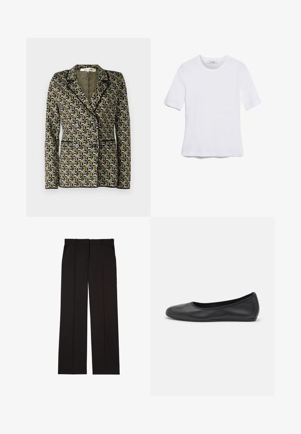 Diane von Furstenberg DION zielony; Biała koszulka krótki rękaw wykonana z materiału prążkowanego. Okrągły dekolt, regularny krój i subtelne detale szwów. Bez wzorów ani grafik.; Czarne dopasowane spodnie wykonane z gładkiej tkaniny, charakteryzujące się prostymi nogawkami i dwoma bocznymi kieszeniami. Elegancka i minimalistyczna konstrukcja.; Czarne skórzane baletki z zaokrąglonym noskiem, gładką fakturą, minimalnymi przeszyciami i elastycznym designem podeszwy.