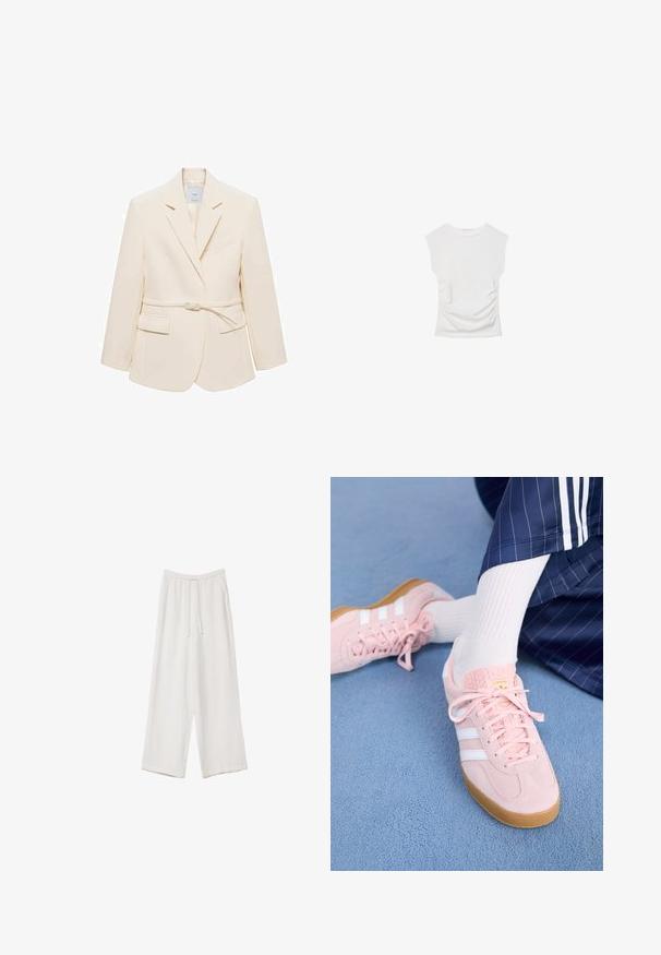 Kremfarvet blazer med skræddersyet design, bælte i taljen, to forlommer og en enkelt brystlomme. Glat, struktureret stof med revers.; Hvid kortærmet top med rund halsudskæring. Har samlet tekstur langs siderne og en tilpasset silhuet, lavet af blødt, strækbart materiale.; Hvide bukser med bred benlængde lavet af et letvægtsstof. Har et elastisk talje med snor og sidelommer. Glat tekstur.; Lyserøde ruskinds sneakers med hvide striber og snørebånd, udstyret med en struktureret tunge og en gummisål, placeret på et blåt tæppe.