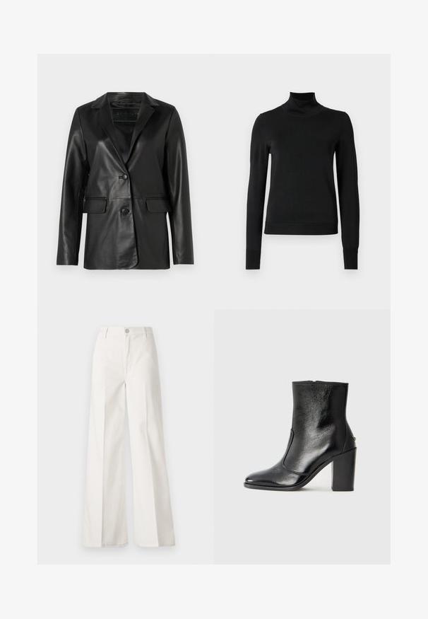 Mustast nahast bleiser, millel on kohandatud lõige, nurgelised kraed, ühe nupuga kinnitamine, kaks esikotti ja sile, läikiv tekstuur.; Mustmusterta mustaga pikkade varrukatega kõrge kaelusega sviiter, millel on ribakudumisega mansetid ja äär, esitatud lihtsal valgel taustal.; Valged laiade jalgadega püksid, mis on valmistatud siledast puuvillast. Omab esitallist ning lukuga sulgemist ja nelja tasku disaini.; Must kõvale nahast pahklipsu saapad, millel on sile tekstuur, terav varvas ja paks kõrge kann. Omab külgavatust ja minimalistlikku disaini.