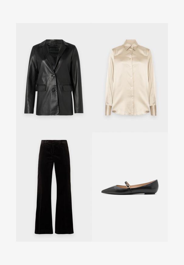 Melnas ādas žakete ar pielāgotu piegriezumu, ar iegrieztiem atlociem, vienu pogu aizdari, divām priekšējām kabatām un gludu, spīdīgu tekstūru.; Beige satīna krekls ar asām apkaklēm, pilna garuma piedurknēm, ar pogu aizdari un nedaudz spīdīgāka finiša aprocēm. Nav rakstu vai akcentu.; Melnas korduroja flared bikses ar strukturētu jostasvietu, gludu tekstūru un platām kāju atverēm, izveidojot brīvu siluetu.; Melnas ādas baleta kurpes ar norādīto pirkstu un sānu siksniņu, kurai ir apaļš zelta akcents. Vieglas ar plakanu zoli.