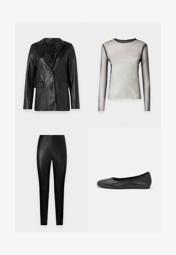 Černý kožený blazer s upraveným střihem, klopovými límci, zapínáním na jeden knoflík, dvěma předními kapsami a hladkým, lesklým povrchem.; Dlouhý rukáv, průsvitný šedý top s kulatým výstřihem, s černými kamennými detaily podél límce a ramen, hladká textura.; Černé legíny s vysokým pasem vyrobené z hladké umělé kůže, s přiléhavým střihem a zúženými nohavicemi. Žádné viditelné kovové prvky ani vzory.; Černé kožené baletní byty s kulatou špičkou, hladkou texturou, minimálními švy a flexibilním designem podrážky.