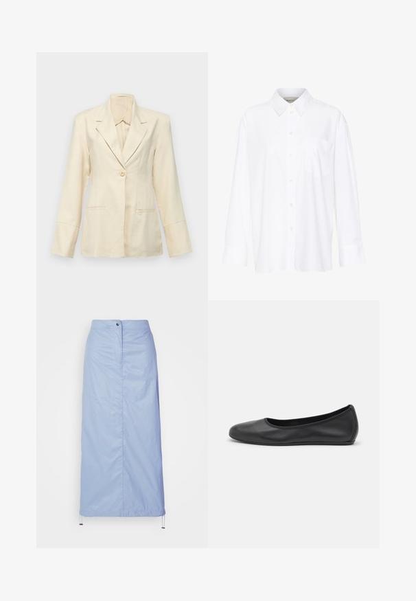 Faithfull the brand SOLEIL - Bleizers - sand; Baltais garo piedurkņu krekls ar apkakli, izgatavots no kokvilnas. Aprīkots ar pogu aizdari priekšā un vienu krūšu kabatu. Gluda tekstūra, brīvs piegriezums.; Gaiši zila, vidēja garuma svārki, izgatavoti no gluda, viegla materiāla ar taisnu piegriezumu, ar priekšējo pogu aizdari un auklu apakšmalā.; Melna ādas baleta kurpe ar noapaļotu purngalu, gludu tekstūru, minimālu šuvju detalizāciju un elastīgu zoles dizainu.