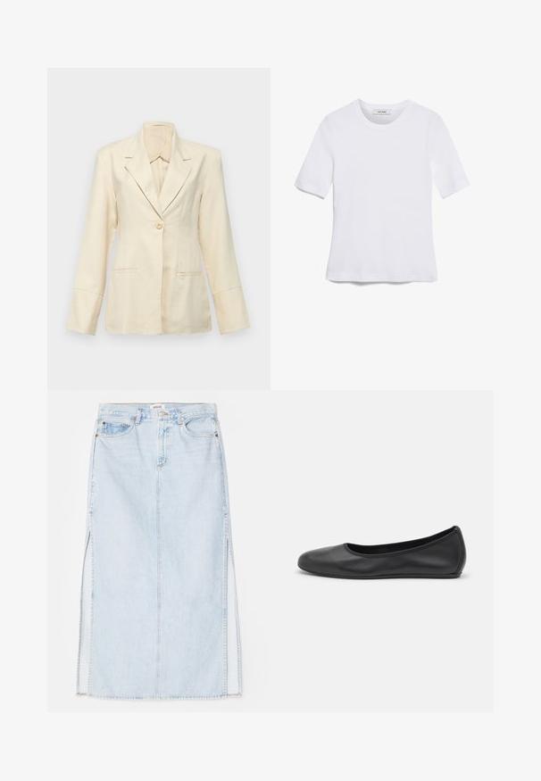 Faithfull the brand SOLEIL - Blazer - sand; Vit kortärmad t-shirt i ribbat tyg. Rund halsringning, normal passform och diskreta sömdetaljer. Inga mönster eller tryck.; Ljusblå denim maxikjol med rak skärning, featuring sidofrack och femficksdesign. Framträdande sömmar och metallknappsstängning.; Svart läderballerinaskor med rund tå, slät yta, minimala söm detaljer och en flexibel sula.