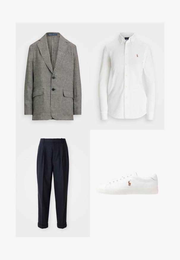 Blazer xadrez em preto e branco, com lapela notched, dois botões e dois bolsos frontais. Feito de tecido texturizado.; Camisa branca de manga longa com colarinho pontudo, feita de algodão. Apresenta um pequeno logotipo bordado no lado esquerdo do peito.; Calças de cor azul-escuro, feitas de um tecido suave, com frente plissada, pernas ajustadas e punhos nos tornozelos. Design ajustado com passantes para cinto.; Sapatilhas de couro brancas, design de cano baixo, com textura suave, biqueira redonda, atacadores à frente e um pequeno logótipo bordado na lateral.