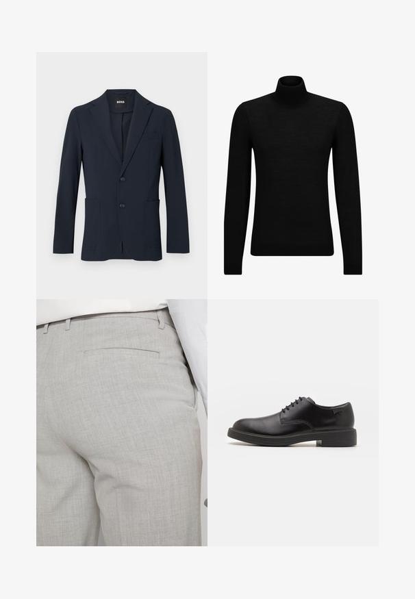 Tamno plavi sako s jednim kopčanjem, s reverima u obliku izreza, imajući dva prednja džepa i zatvaranje na dugme. Izrađen je od teksturiranog, laganog materijala.; Crni dukserica s visokim ovratnikom, napravljena od mekanog materijala, s dugim rukavima i priljubljenim krojem. Rebrasti detalji na donjem rubu i rukavima. Jednostavan dizajn.; Svijetlosive krojene hlače od teksturiranog materijala, s jednim stražnjim džepom i čistim šavovima.; Crne kožne cipele s vezanjem i zaobljenim vrhom, glatke teksture, minimalnim šavovima i niskim gumiranim potplatom. Logo se nalazi na peti.