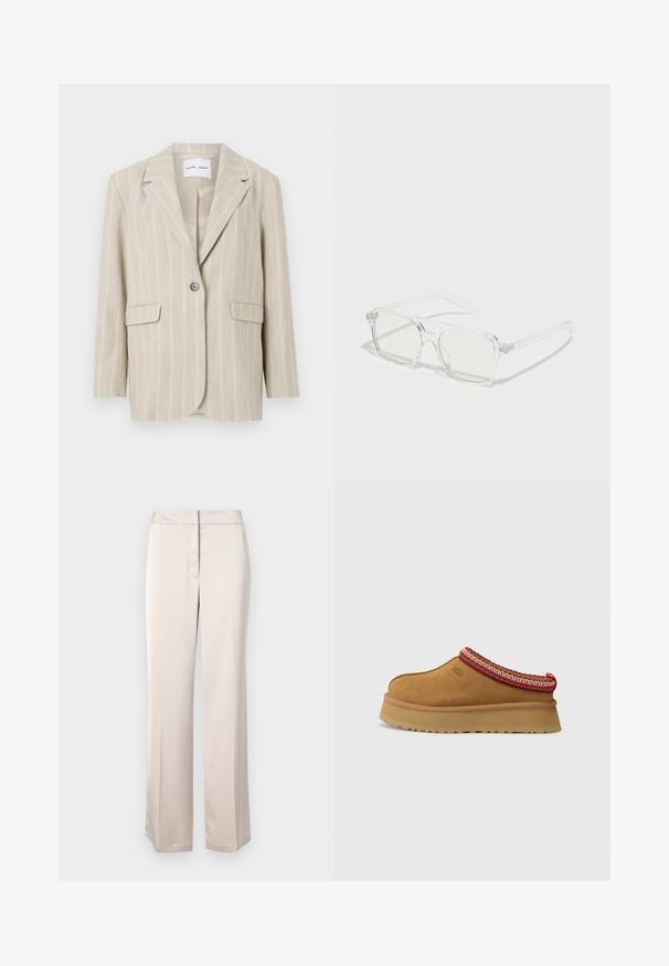Beżowa marynarka w paski z zapięciem na jeden guzik, klapami i dwiema przednimi kieszeniami. Wykonana z lekkiego materiału o gładkiej fakturze.; Szary dzianinowy sweter z golfem o prążkowanej strukturze, z długimi rękawami i luźnym krojem. Materiał wydaje się być miękki i gruby. Dolny brzeg jest prosty.; Beżowe spodnie w szerokim kroju wykonane z gładkiego materiału, charakteryzujące się czystą sylwetką, płaskim przodem i dyskretnym zapięciem w pasie.; Brązowy zamszowy but wsuwany z czerwono-kremowym ozdobnym wykończeniem, teksturowaną podeszwą i logo UGG z boku. Posiada lekko podwyższone podłoże.; Przezroczyste prostokątne okulary przeciwsłoneczne z ramkami w kolorze przezroczystym, jasnoniebieskimi soczewkami oraz delikatnymi detalami na zausznikach. Lekka konstrukcja, nowoczesny kształt.; Czarna skórzana kopertówka o teksturowanej powierzchni, z łańcuszkowym paskiem i ćwiekowanym wykończeniem na dole. Prostokątna forma z komorą na zamek błyskawiczny.