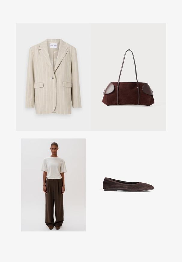Bežový pruhovaný blejzer s jedným gombíkom, klopovými límci a dvoma prednými vreckami. Vyrobený z ľahkého materiálu s hladkou textúrou.; Biely, krátky rukáv s textúrovaným, rebrovaným vzorom a okrúhlym výstrihom. Vyrobený z jemného materiálu. Skrátená dĺžka.; Krémovo-biela voľná tričko s krátkymi rukávmi, v kombinácii s vysokými, širokými hnedými nohavicami. Jednoduchý dizajn, hladké textúry.; Hnedé semišové baletky s špicatou špičkou a nízkym profilom. Majú hladký povrch a minimalistický dizajn. Žiadne viditeľné kovanie ani akcenty.; Hnedá semišová taška s koženými akcentmi, štruktúrovaný tvar, dvojité ramenné popruhy a zaoblené okraje, s hladkou textúrou a minimálnym hardvérom.