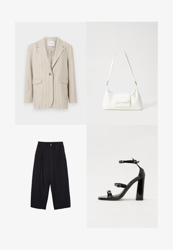 Blazer beige a righe con chiusura a un bottone, revers a punta e due tasche frontali. Realizzato in tessuto leggero con una texture liscia.; Canotta nera in cotone, caratterizzata da un colletto rotondo e ampi giromanica. Texture liscia con orli cuciti. Design classico e minimalista.; Pantaloni culotte neri in poliestere con una cintura elastica, due pieghe frontali e una silhouette ampia. Nessun motivo visibile o dettagli in metallo.; Sandali con tacco in vernice nera, con punta squadrata, cinturini alla caviglia e fibbie in argento. Presentano un tacco a blocco spesso per maggiore stabilità.; Borsa sintetica bianca a forma triangolare, con patta anteriore piatta e dettaglio a fiocco, tracolla regolabile, texture liscia e design minimalista.