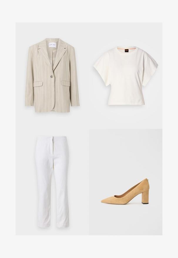 Blazer bej cu dungi, cu o închidere cu un singur buton, rever înclinat și două buzunare frontale. Fabricat dintr-un material ușor, cu o textură netedă.; Tricou alb scurt, cu mâneci scurte și largi, din bumbac moale, cu decolteu rotund și un finisaj subtil portocaliu, design minimalist, fără modele sau grafice.; Pantaloni din bumbac alb, cu un design drept, având talie medie și fără hardware sau modele vizibile. Textură uniformă pe întreaga suprafață.; Pantofii cu toc înalt din suede bej au vârful ascuțit și un toc gros. Materialul are o textură moale și o finisare netedă.
