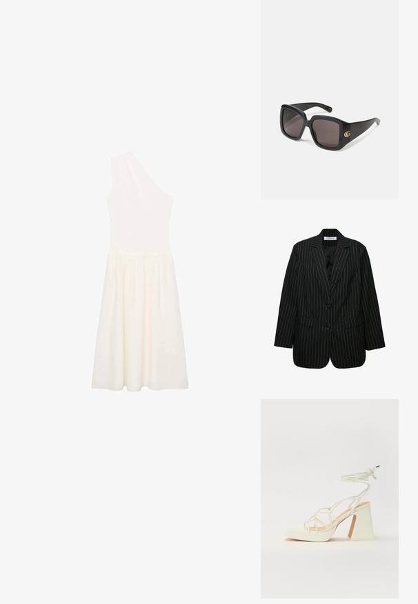 Černý kabát s proužky, se dvěma knoflíky, klopou ve tvaru špičky, předními kapsami a mírně oversized střihem. Texturovaná tkanina s hladkým podšívkou.; Jednopramenné šaty délky po kolena v krémové barvě, vyrobené z lehkého materiálu se přiléhavým korzetem a volnou sukní.; Bílé sandály na vysokém podpatku s robustním podpatkem, s designem s pásky a zavazováním kolem kotníku. Hladký povrch s platformou vpředu pro zvýšení výšky.; Černé oversized sluneční brýle s tmavými čočkami, lesklý plastový rám, zaoblený čtvercový tvar a zlaté provázané logo GG na boku.; Bílá syntetická kabelka v trojúhelníkovém tvaru, s plochým předním klopným víkem a detailem mašle, nastavitelným popruhem, hladkým povrchem a minimalistickým designem.