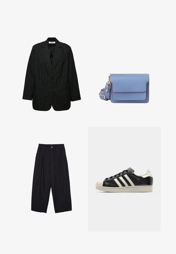 Musta raitapuku takki, jossa on kaksi nappia, kaartuva kaulus, etutaskut ja hieman ylipitkä leikkaus. Teksturoitu kangas, jossa on tyylikäs vuori.; Mustat lyhythihaiset t-paidat, jotka on valmistettu pehmeästä kankaasta. Contains classic pyöreä kaula-aukko ja rento istuvuus. Ei näkyviä kuvioita tai yksityiskohtia.; Musta polyesterinen culotte-housut, jossa on joustava vyötärö, kaksi etupleettiä ja löysä siluetti. Ei näkyviä kuvioita tai metallisia yksityiskohtia.; Musta nahkasneakeri, jossa on valkoiset raidat, kuminen varvassuoja, mustat nauhat ja kermaisa ulkopohja. Suora pinta ja kiiltävä viimeistely.; Sininen nahkainen olkalaukku, jossa on sileä pinta, suorakulmainen muoto, kontrastoiva oranssi tikkaus ja läppä suljin. Mukana säädettävä hihna.