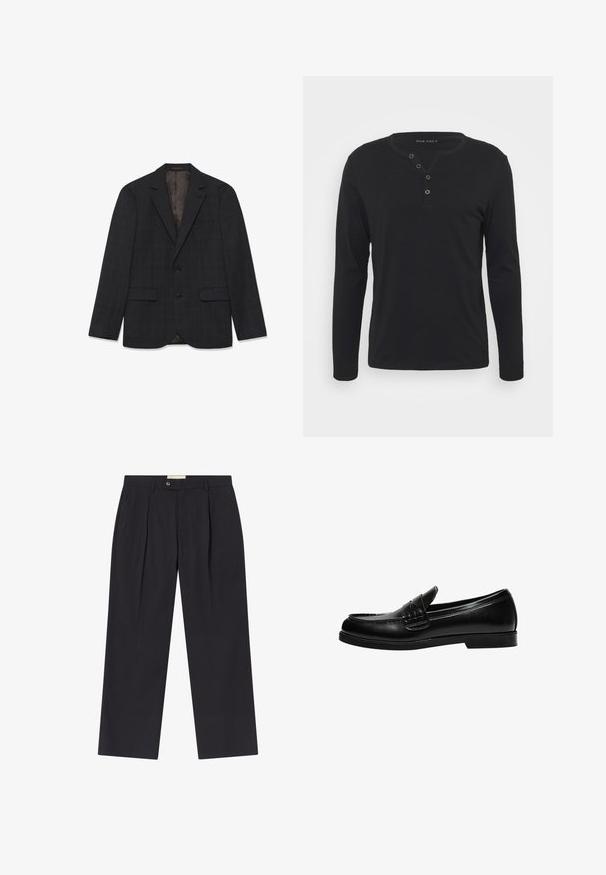 Tummanharmaa bleiseri, jossa on hienovarainen ruutukuosi, kaksi etutaskua, yksiriviset napit ja sileä vuori.; Musta pitkähihaisen henley-paita, joka on valmistettu pehmeästä kankaasta. Paita sisältää napitettavan aukon, pyöreän pääntien ja istuvat hihat.; Tummansinisiä räätälöityjä housuja, joissa on korkea vyötärö, kaksi etupleittiä, nappikiinnitys ja suorat lahkeet sileästä kankaasta.; Musta nahka loaferi, jossa on sileä pinta, ja joka sisältää ommeltuja yksityiskohtia vampissa sekä matalan, kiinteän mustan kumipohjan.