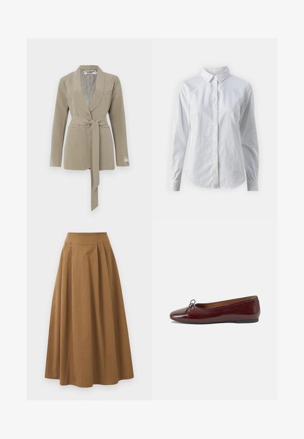 Bežový sako s prúžkami a šálovým golierom, jednou vreckom a opaskom na viazanie v páse. Mäkkučký materiál s hladkou textúrou.; Biela košeľa s gombíkmi vyrobená z hladkej bavlny, s klasickým golierom, dlhými rukávmi a zakriveným lemom. Gombíky sú malé a biele.; Hnedá bavlnená sukňa A-línie s vysokým pásom, so skladmi vpredu a hladkou textúrou. Hranice sú čisté a jednoduché.; Burgundské lakované balerínky s okrúhlou špičkou, malou mašľou na prednej strane a nízkou čiernou gumovou podrážkou. Hladký povrch.