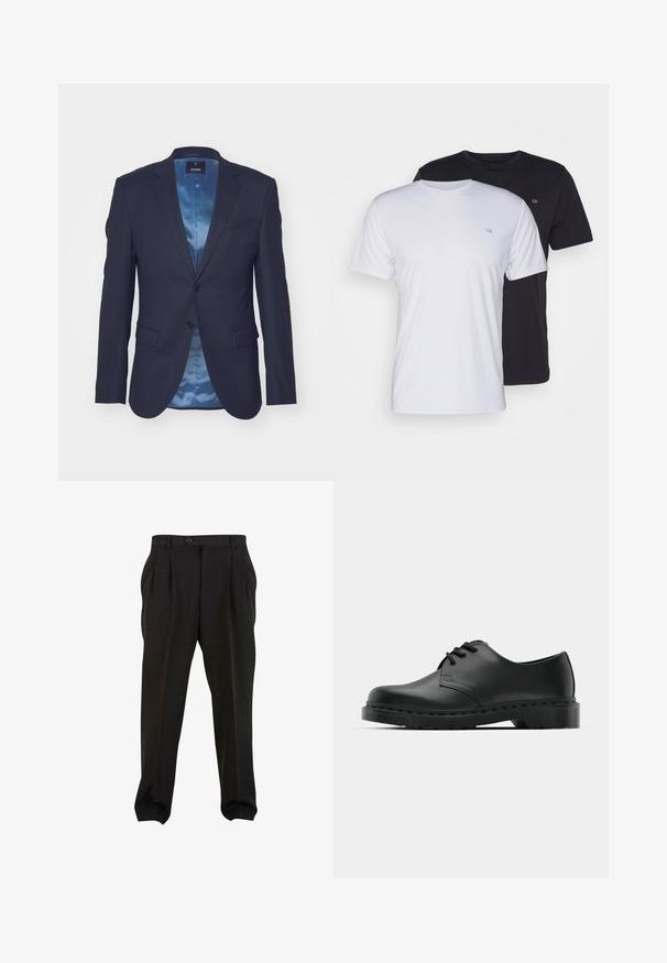 Mørkeblå blazer med strukturert stoff, enkelt knappelukking, to frontlommer og kontrasterende lyseblå satengfôr.; To bomulls t-skjorter i hvitt og svart, kortermet med rund hals, med en liten logo på brystet, glatt tekstur.; Sorte bukser med et glat stof, der har frontplisseringer, en knap i taljen og tapered ankler. Klassisk skræddersyet silhuet.; Svarte lær oxford-sko med snøring, rund tå, flat gummisåle og diskret sømdetalj langs overflaten.