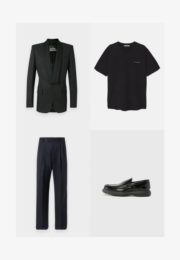 Black tuxedo jacket with a satin shawl collar, single button closure, two front pockets, and a subtle texture. Labeled Vivienne Westwood.; Black cotton T-shirt with a crew neck, short sleeves, and a white logo print on the left chest. Simple, solid color design.; Tiger of Sweden TREYTON - Trousers - dark ink; Black leather loafer with a glossy finish, rounded toe, subtle stitching details, and a thick rubber sole for durability.