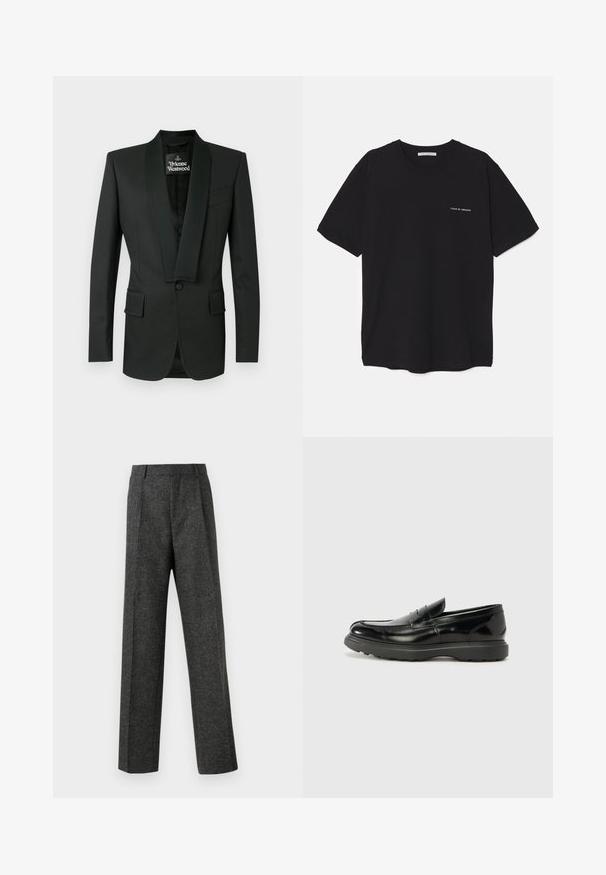 Fekete szmoking zakó selyem sallang gallérral, egysoros gombolással, két elülső zsebbel és finom textúrával. Vivienne Westwood márkajelzéssel.; Fekete pamut T-shirt kerek nyakkivágással, rövid ujjakkal, és fehér logónyomattal a bal mellrészen. Egyszerű, egyszínű dizájn.; Szürke, texturált anyagból készült, szabott nadrág, két elülső pliszével és egyenes lábbal. Nincsenek látható zsebek vagy díszítések.; Fekete bőr loafer, fényes felülettel, kerek orral, diszkrét varrási részletekkel és vastag gumitalppal a tartósság érdekében.