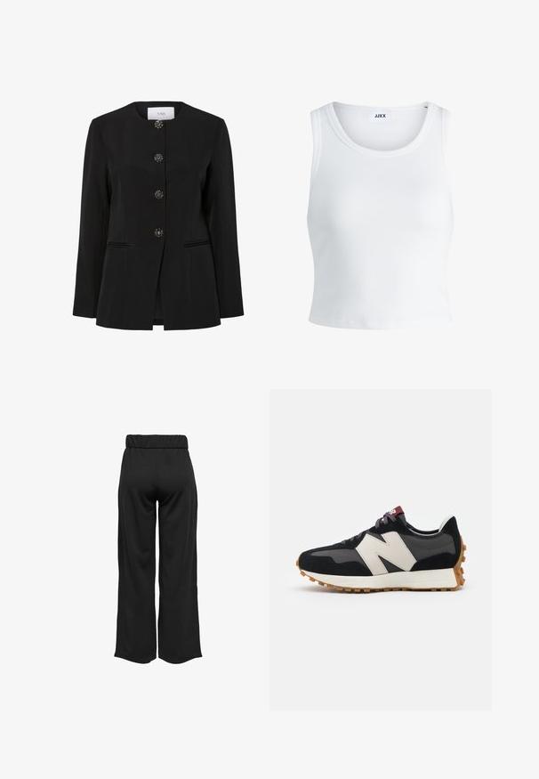 Čierny blazer s okrúhlym výstrihom, štyrmi dekoratívnymi gombíkmi s ozdobami a dvoma prednými vreckami. Vyrobený z pevnej látky.; Biely rebrovaný tielko s okrúhlym výstrihom, bez rukávov a krátkou dĺžkou. Štítok znie "JJXX." Hladká textúra látky.; Čierne široké nohavice s elastickým pásom, vyrobené z hladkej tkaniny. Majú jednoduchý dizajn, bez vreciek alebo viditeľných švíkov.; Čierne a sivé semišové tenisky s veľkým krémovým logom "N", fialovými šnúrkami a textúrovanou gumovou podrážkou.