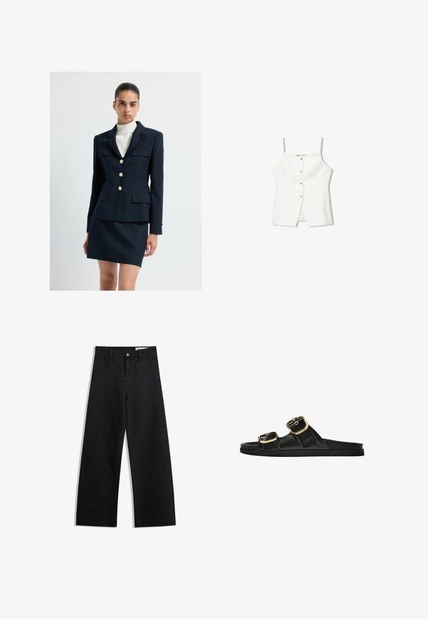 Marineblauwe blazer met gouden knopen en twee voorzakken, gecombineerd met een bijpassende aansluitende rok. Gestructureerde stof met verticale strepen.; Witte mouwloze top met een knopenfront, zijzakken en een getailleerd ontwerp met een licht uitlopende zoom. Soepele textuur, minimale details.; Zwarte denim broek met wijde pijpen en een hoge taille, voorzien van voor- en achterzakken, gestikte naden en een knoopsluiting. Gladde textuur.; Zwarte slipper met twee gouden gesps, gladde textuur, platte zool en een minimalistisch ontwerp.