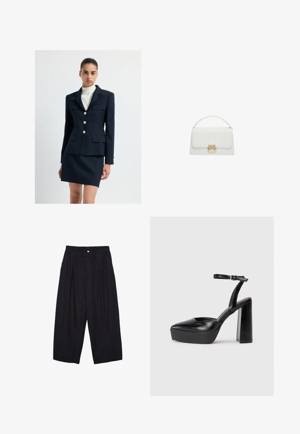 Tummansininen bleiseri kullanapunaisten nappien ja kahden etutaskun kanssa, yhdistettynä samasta kankaasta valmistettuun istuvaan hameeseen. Teksturoitu kangas, jossa on pystysuorat raidat.; Musta hihaton paita, joka on valmistettu puuvillasta, ja jossa on pyöreä kaula-aukko sekä leveät kainaloaukot. Silkkinen pinta ja ommellut reunat. Klassinen, minimalistinen muotoilu.; Musta polyesterinen culotte-housut, jossa on joustava vyötärö, kaksi etupleettiä ja löysä siluetti. Ei näkyviä kuvioita tai metallisia yksityiskohtia.; Mustat korkeat platform-kengät, joissa on terävä kärki ja säädettävä nilkkaremmi. Valmistettu sileästä nahasta ja varustettu paksulla lohkokorkeudella.; Valkoinen nahkalaukku, jossa on rakenteellinen muotoilu, varustettuna yläkahvalla ja kultasävyisellä soljella. Sileä pinta ja minimaliset yksityiskohdat.