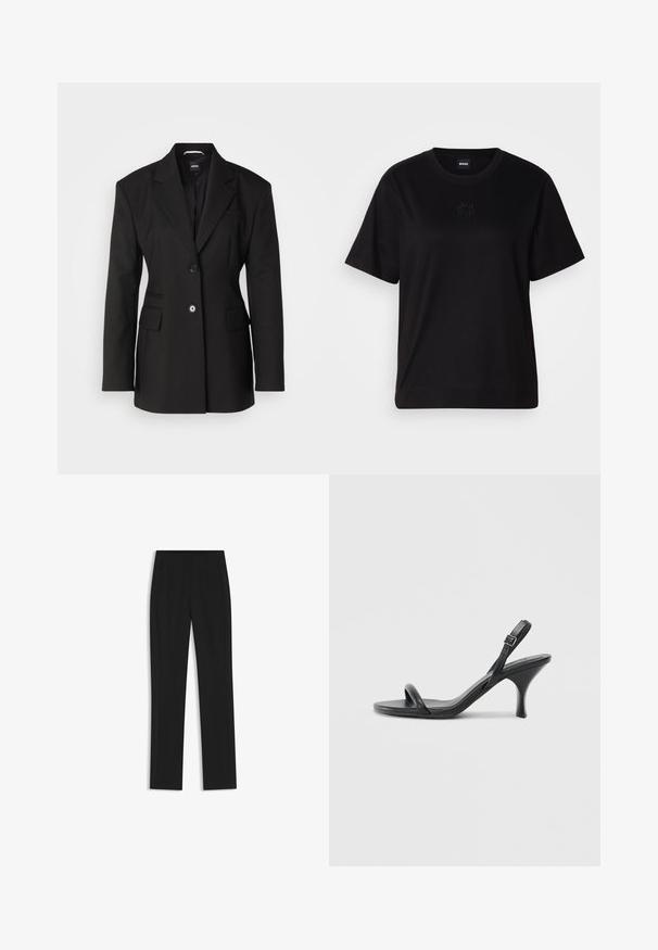 BOSS JOKELA - Kort kappa / rock - black; Svart bomullströja med rund halsringning, korta ärmar och en broderad logotyp på bröstet. Enkel, avslappnad passform utan mönster.; Svarta skräddarsydda byxor med rak bendesign, som har framfickor och ett slätt, strukturerat tyg. Prydlig, minimal detaljer.; Svarta läder högklackade sandaler med en smal, böjd klack och ett korsat remdesign. Justerbar ankelrem. Slät textur.