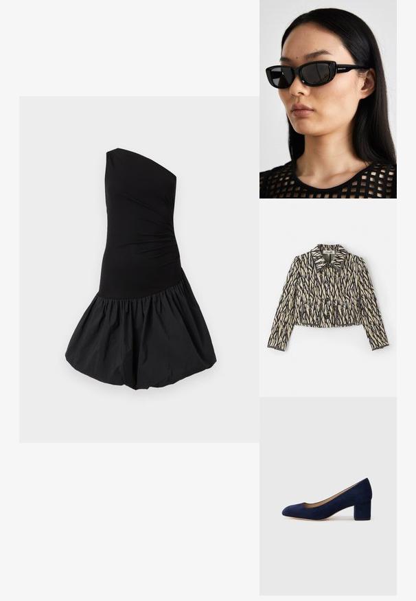Kratka jakna u krem boji s crnim apstraktnim uzorkom. Ima ovratnik, kopčanje na dugme i dva prednja džepa s dekorativnim šavovima.; Crna haljina s jednim ramenom koja ima uski korzet i voluminoznu, nabranu suknju. Napravljena od glatkog, laganog materijala s mat završnom obradom.; Tamno plava suede salonka s šiljastim vrhom i blok petom srednje visine. Glatka tekstura s blagim sjajem i malim izrezom sprijeda.; Crne sunčane naočale u obliku mačijih očiju s tamnim lećama, sjajnim plastičnim okvirom i zlatnim logotipom na sljepoočnici. Minimalistički dizajn i lagana tekstura.