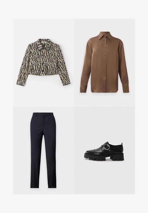 Gekürzte Jacke in Creme mit schwarzem abstraktem Muster. Verfügt über einen Kragen, einen Knopfverschluss und zwei vordere Taschen mit dekorativer Naht.; Braunes Langarmhemd mit Knopfverschluss, spitzem Kragen und Manschetten, vor einem schlichten weißen Hintergrund präsentiert.; Marineblaue Tailored-Hosen mit geradem Schnitt, ausgestattet mit glattem Material, zwei frontalen Taschen und einem schlichten Bund.; Schwarze Leder Schuhe mit einer dicken, gerippten Sohle, die mit einer runden silbernen Hardware-Akzent und minimalen Stickdetails ausgestattet sind.