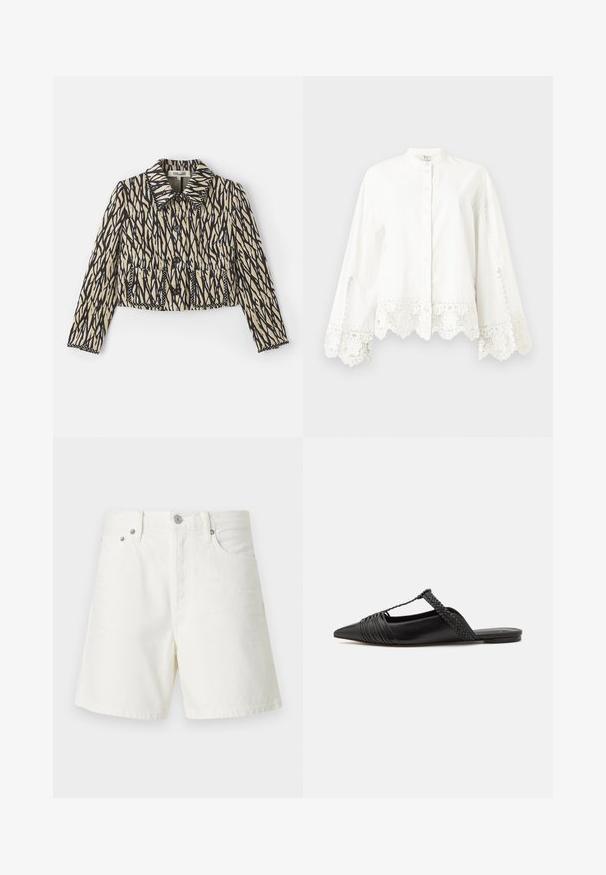 Kratšia bunda v krémovej farbe s čiernym abstraktným vzorom. Obsahuje golier, zapínanie na gombíky a dve predné vrecká s dekoratívnym stehom.; Biely dlhý rukáv košeľa s gombíkmi, so čipkovým lemovaním na manžetách a leme, má mandarínsky golier a jemné dekoratívne šitie.; Biele riflové šortky so rovnými nohavicami, päťbúchovým dizajnom, predným zapínaním na gombík, strieborným kovovým príslušenstvom a prešitými detailmi.; Čierne kožené sandále so špičatou špičkou, ktoré majú tkaný detail a zborený dizajn vrchnej časti. Plochá podrážka s minimálnym hardvérom.