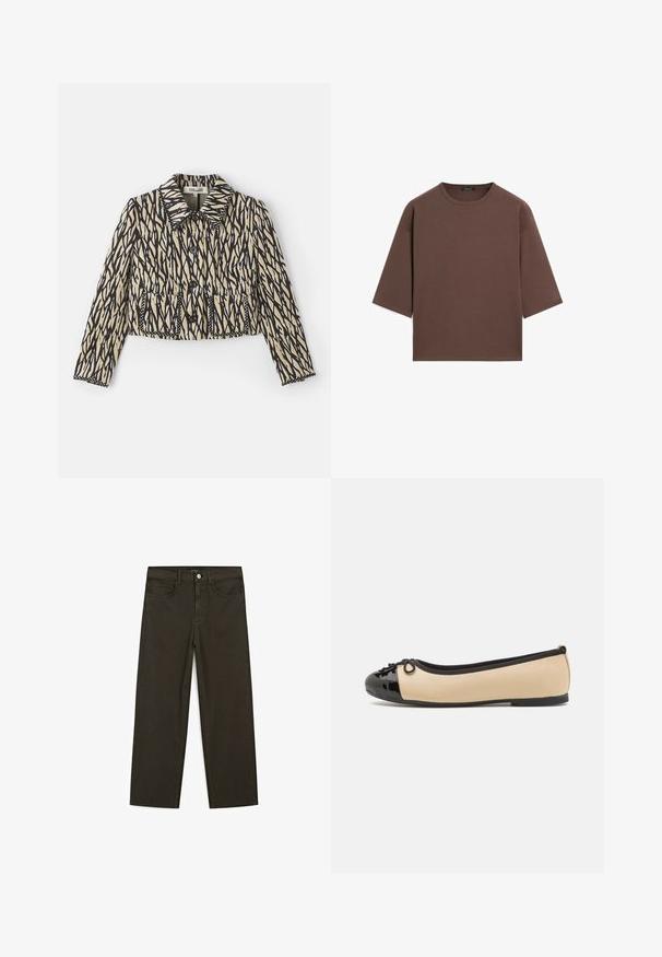 Skórzana kurtka w kremowym kolorze z czarnym abstrakcyjnym wzorem. Posiada kołnierz, zapięcie na guziki oraz dwie przednie kieszenie z dekoracyjnym przeszyciem.; Brązowy, krótki t-shirt z okrągłym dekoltem, krótkimi rękawami i miękką fakturą. Zaprojektowany w luźnym kroju z minimalnymi detalami.; Ciemnozielone spodnie dżinsowe typu wide-leg wykonane z mieszanki bawełny, z zamkiem na guzik z przodu, pięcioma kieszeniami i klasycznym przeszyciem dżinsowym.; Baleriny z beżowej skóry i błyszczącym czarnym czubkiem z lakierowanej skóry. Posiadają mały detal w postaci kokardki z przodu. Płaska podeszwa.