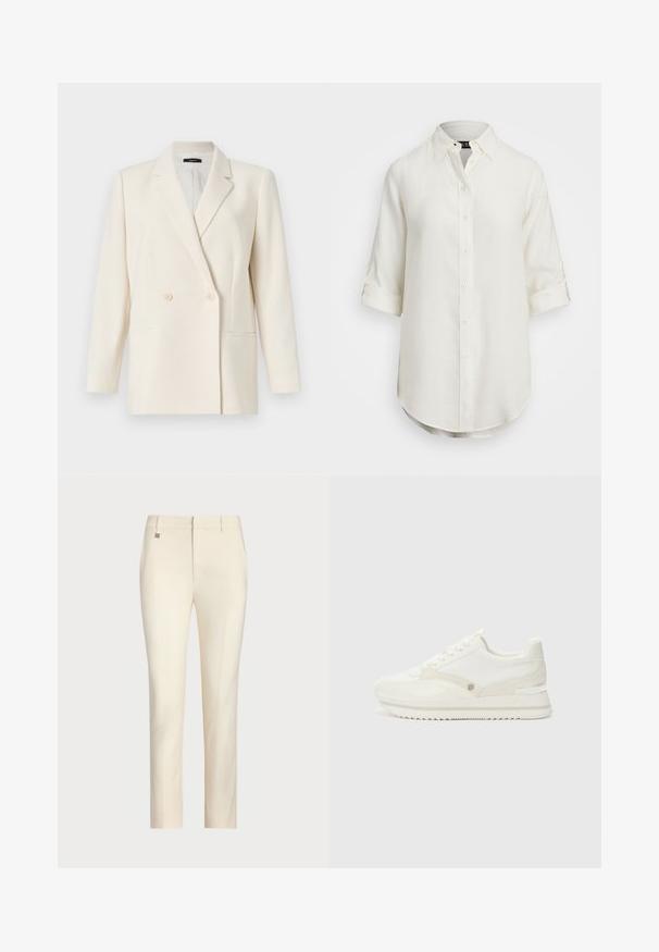 Theory Žakete - rice; Balta lina krekls ar pogu dizainu, īsām rullētām piedurknēm, apkakli un noapaļotu apakšmalu. Iespējas ar gaišām pogām.; Kremkrāsas piegrieztas bikses ar taisnu kāju griezumu, kas izceļas ar gludu tekstūru, priekšējām kabatām un smalku metalisku akcentu uz jostas.; Baltas sporta apavi ar gludu un teksturētu materiālu maisījumu, kas pārī ir diskrēts logo, auklu dizains un zigzaga zole.
