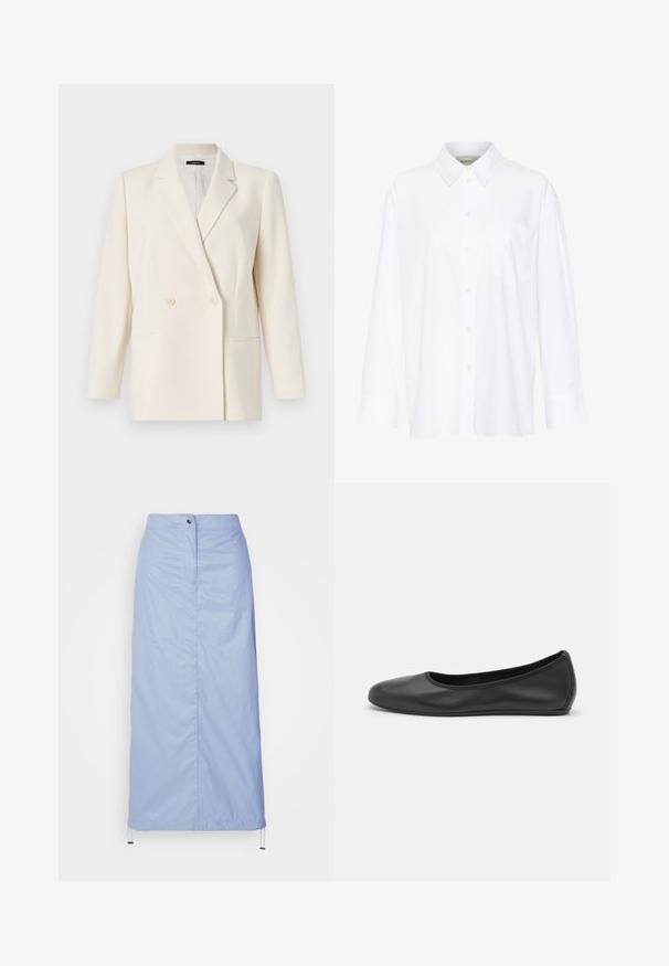 Theory Sacou - rice; Cămașă albă cu mânecă lungă și guler, fabricată din bumbac. Are un închidere cu băta pe față și un singur buzunar pe piept. Textură netedă, croială lejeră.; Fustă bleu deschis, de lungime medie, confecționată dintr-un material fin și ușor, cu o croială dreaptă, având o închidere frontală cu nasturi și tiv cu șnur.; Balerini din piele neagră, cu vârf rotund, textură netedă, detalii de cusătură minimale și un design al tălpii flexibil.