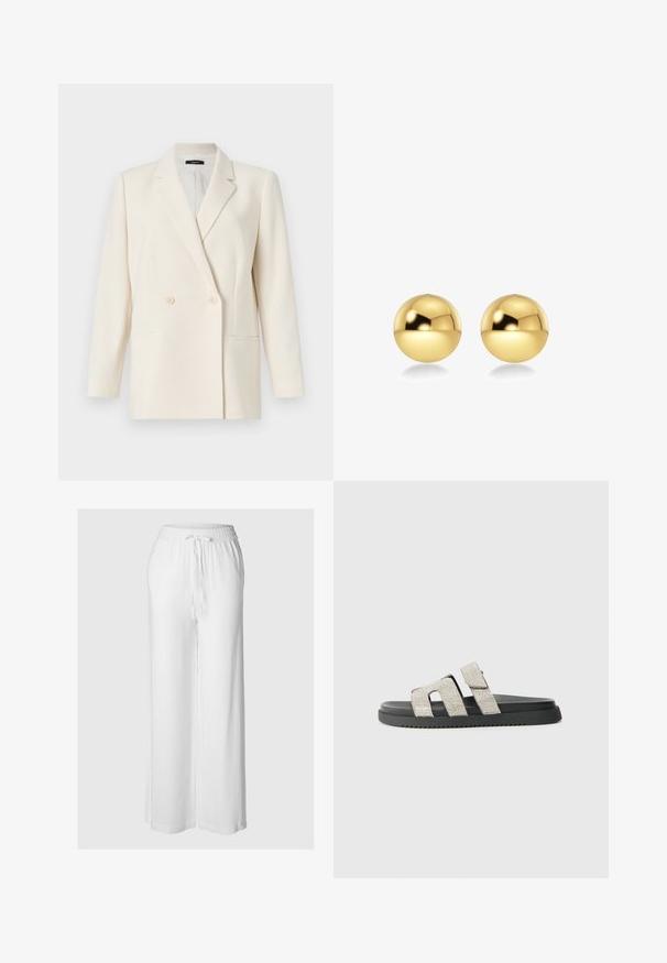 Theory Bleiser - rice; Valge pika käisega krae särg, mis on valmistatud puuvillast. Omab nööbipaneeli esiosa ja ühte rinna taskut. Sujuv tekstuur, vabalt lõigatud.; Valged laiad püksid kergest kangast, elastse vöökoha ja nööriga, sileda tekstuuriga.; Mustmustel must jalanjalal, millel on kaks vertikaalset riba, mis on kaunistatud hõbedaste rhinestone'idega, tasane disain, kummist tekstuur ja peen pinnamuster.; Kuldsetest sfäärilistest kõrvarõngastest, millel on läikiv ja peegelduv pind. Disain on lihtne ja sile, luues kaasaegse ning minimalistliku ilme.