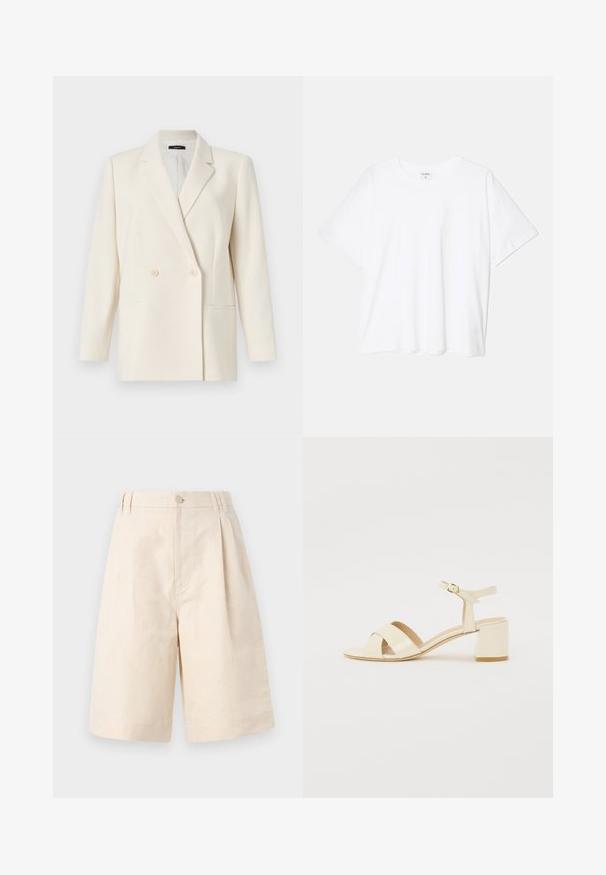 Theory Blazer - rice; Hvid bomulds-t-shirt med korte ærmer, rund halsudskæring, afslappet pasform og stitched søm. Mærket er synligt indeni halsen.; Beige linned shorts med en afslappet pasform, med knaplukning, plisseret design og knælang længde. Glat tekstur og enkel stil.; Beige patenteret læder hælede sandaler med krydsremdesign, åben tå, justerbar ankelrem og en blokeret hæl. Glat tekstur.