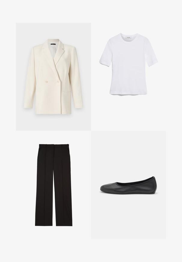 Theory Blazer - rice; T-shirt blanc à manches courtes en tissu côtelé. Col rond, coupe régulière et détails de couture subtils. Aucune motif ni graphique.; Pantalons noirs sur mesure en tissu lisse, présentant une coupe droite, avec deux poches latérales. Construction élégante et minimaliste.; Ballerines en cuir noir avec un bout rond, texture lisse, détails de couture minimalistes et design de semelle flexible.