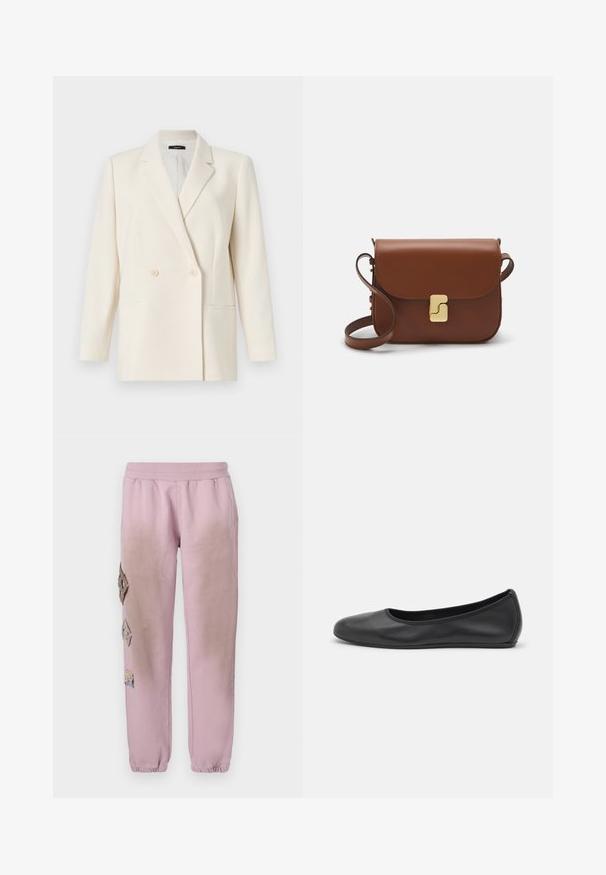 Theory - Żakiet; Biała koszulka krótki rękaw wykonana z materiału prążkowanego. Okrągły dekolt, regularny krój i subtelne detale szwów. Bez wzorów ani grafik.; Różowe dresy z elastycznym pasem, zdobione dekoracyjnymi łatkami w kształcie diamentów po lewej stronie oraz elastycznymi mankietami na kostkach.; Czarne skórzane baletki z zaokrąglonym noskiem, gładką fakturą, minimalnymi przeszyciami i elastycznym designem podeszwy.; Brązowa skórzana torebka na ramię z klapką, złotymi detalami, paskiem na ramię i gładką teksturą. Kompaktowy prostokątny kształt.