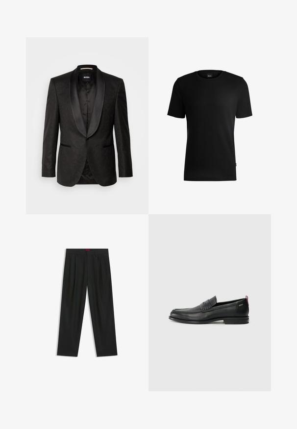 Svart tuxedojacka med satinrevers, texturerad väv, två framfickor och en enkelknappsstängning. Etiketten säger "BOSS."; Svart t-shirt med kort ärm i texturerad tyg och rund halsringning. Har en logotypetikett på den nedre sidan.; Svarta byxor med vikta detaljer, bred benform och en slät textur. Har en röd midjebandsetikett.; Svarta läderloafers med en texturerad frontpanel och släta sidor. Utrustade med en smal klack och en bakre ögla för enkel påtagning. Klassisk design.