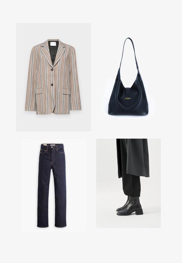 Raiļu bleizeris bēša un zila toņos, ar iegrieztiem atloka galiem, divām priekšējām kabatām un divu pogu aizdari. Strukturēta auduma ar gludu oderi.; Jūras flotes turtlenecks ar gariem piedurknēm. Izgatavots no mīksta auduma ar gludu tekstūru. Iezīmēts ar pieguļošu dizainu un augstu apkakli bez redzamām šuvēm.; Tumši zilie taisni džinsi ar piecām kabatām un redzamu oranžu šuvumu uz baltas fona.; Melnas ādas potīšu zābaki ar kvadrātu purngalu un masīnu papēdi, valkāti ar brīvām melnām biksēm un tumši pelēku mēteli. Gluda virsmas tekstūra.; Melnas ādas rokassomi ar mīkstu, brīvu dizainu. Iezīmēta ar plakanu siksnu un centrālu aizdari, kas dekorēta ar zelta akcentu.