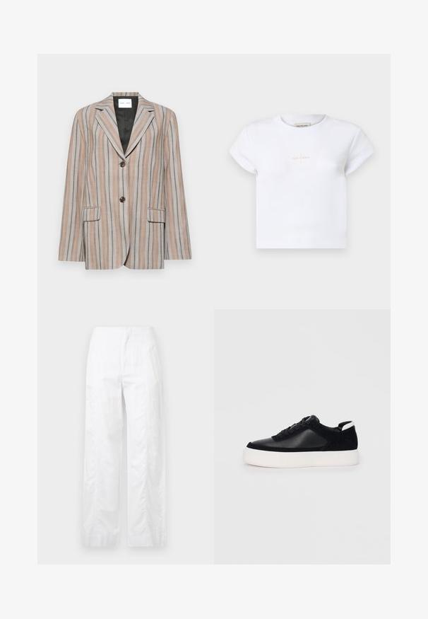 Triibuline bleiser beeži ja sinise tooni kombinatsioonis, millel on klappidega krae, kaks eesmist taskut ja kahe nupuga kinnitamine. Textuuriga kangas sujuva voodriga.; Valgest puuvillast lühikeste varrukatega T-särk, mille esiküljel on peene kuldse "Calvin Klein" логo ja ümar kaelus.; Valged laiad püksid, mis on valmistatud kergetest materjalidest, omades siledat tekstuuri, puhtaid jooni ja kõrget vöökohta.; Mustad mustad spordijalanõud siledast nahast ja sametist paneelidega, lame nööriga, ümar varvas ja valge kummist tallaga. Erakordne logo kontsas.
