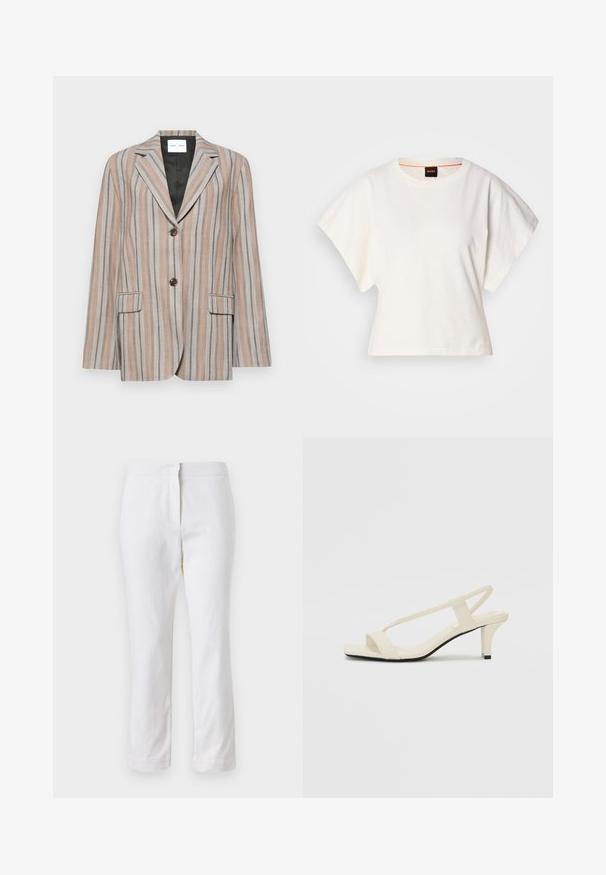 Raiļu bleizeris bēša un zila toņos, ar iegrieztiem atloka galiem, divām priekšējām kabatām un divu pogu aizdari. Strukturēta auduma ar gludu oderi.; Balts īsais T-krekls, plašas īsas piedurknes, mīksts kokvilnas materiāls, apaļa kakla izgriezums ar delikātu oranžu apdari, minimāls dizains, bez rakstiem vai grafikām.; Baltas kokvilnas bikses ar taisnu kāju dizainu, ar vidēju augstumu un bez redzamām detaļām vai rakstiem. Visā virsmā ir gluda tekstūra.; Beige bloku papēžu sandales ar plānām siksnām un kvadrāta formas purngalu. Gluda materiāla virsma ar minimālām detaļām, paredzētas ērtai nēsāšanai.